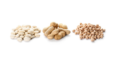 Different legumes on white background