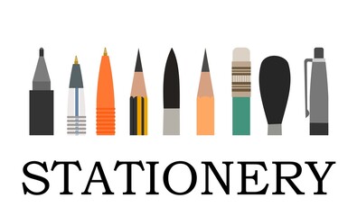Stationery. Logo. Background for advertising a store, company. illustration. Isolated on a white background. Pencils, pens, felt-tip pens, brushes.Vector