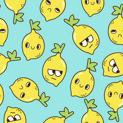 Seamless pattern with cute Kawaii lemons, lime with cute eyes. Lemons pattern vector good for wrapping paper, home decor, packaging, T-shirt, textile fabric print, poster, banner design and more.