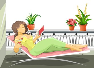 Beautiful girl in a deck chair. On the balcony. Reads a book and drinks a cocktail. Relaxation. Flat cartoon style. Isolated vector illustration.