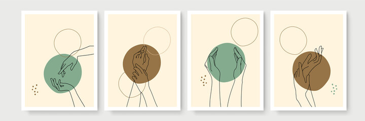 Set of female male hands in minimal linear style. Modern single line art. Vector illustration.

