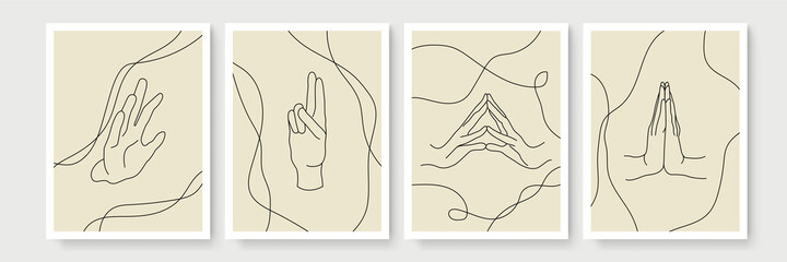 Set of female male hands in minimal linear style. Modern single line art. Vector illustration.
