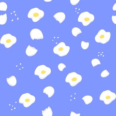 Eggs and eggshells on a colored background. Seamless food-themed pattern. Simple hand-drawn illustration with curved lines, digital illustration.