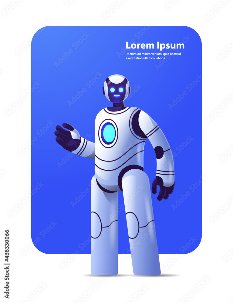 Poster cute robot cyborg modern robotic character artificial intelligence technology concept vertical
