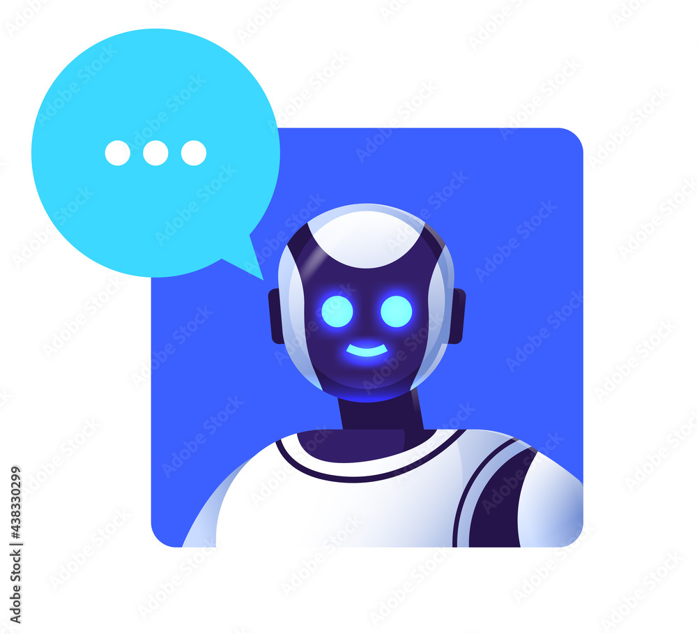 Poster cute robot cyborg with chat bubble modern robotic character artificial intelligence technology commu