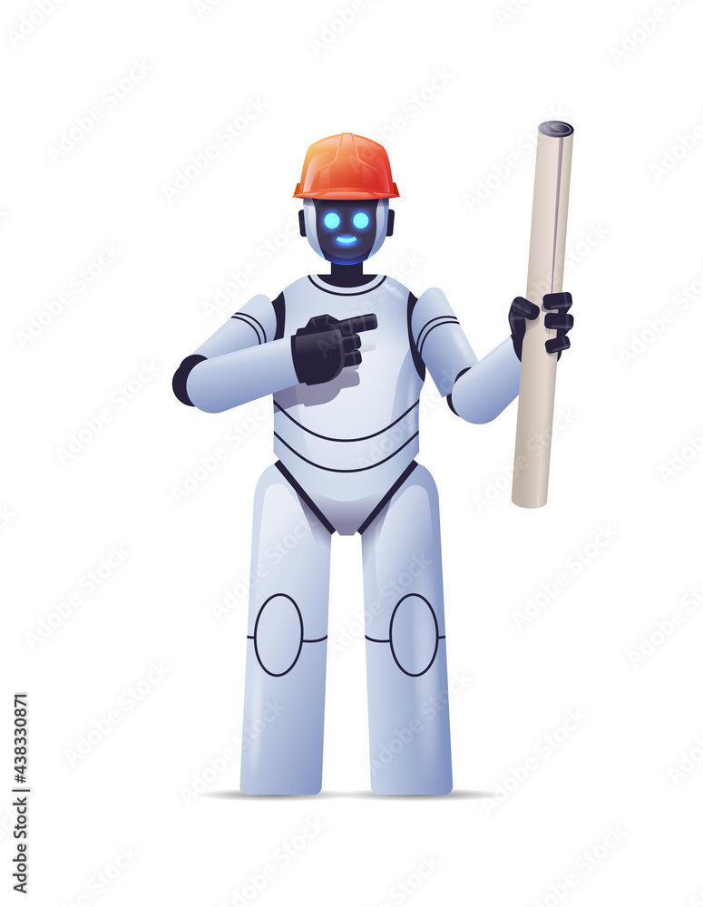 Poster robot foreman engineer in hardhat holding construction drawings modern robotic architect with bluepr