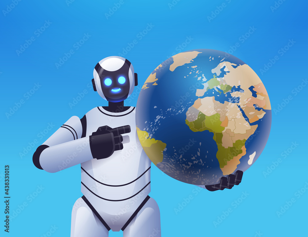 Poster robot cyborg holding planet earth globe modern robotic character artificial intelligence technology 