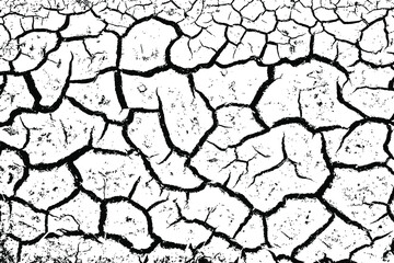 Grunge texture of dry soil in cracks. Dried, cracked earth, large and small cracks. Vector illustration. Overlay Template.