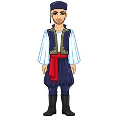 Animation portrait of the young man in  ancient Greek suit. Full growth. The vector illustration isolated on a white background.