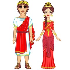 Animation portrait of a family in clothes of Ancient Greece. Full growth. The vector illustration isolated on a white background.