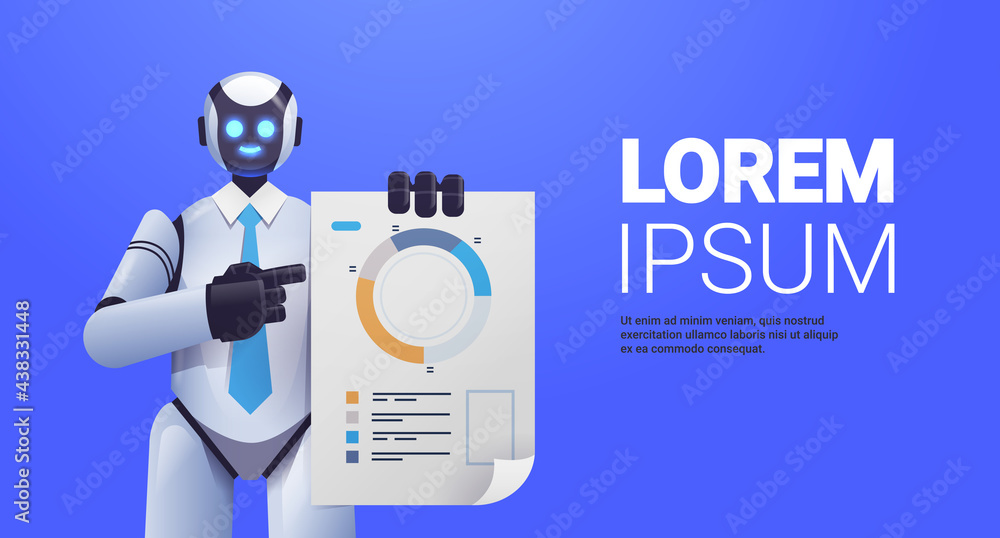 Poster modern robot analyzing statistics diagram financial data analyzing artificial intelligence technolog