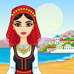 Animation portrait of the young girl in the Greek suit.  Background - a sea landscape, mountains, the ancient city port. Vector illustration.