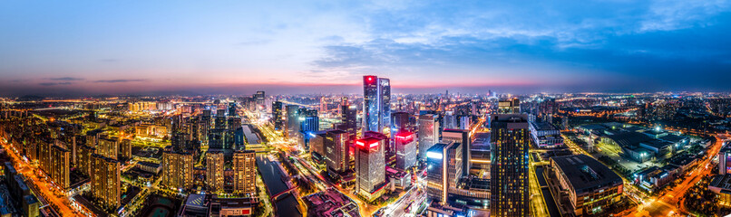 Aerial photography of the night view of the urban architecture skyline of Ningbo, Zhejiang