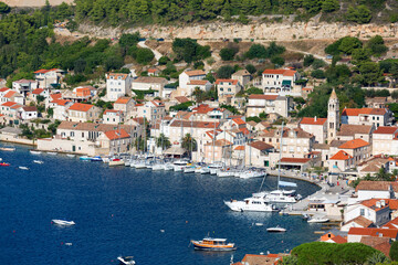 Aerial view on city on the Adriatic Sea, typical Mediterranean architecture, Vis, Vis Island, Croatia