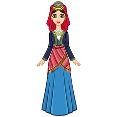 Animation portrait of the young girl in the Greek suit. Full growth. The vector illustration isolated on a white background.