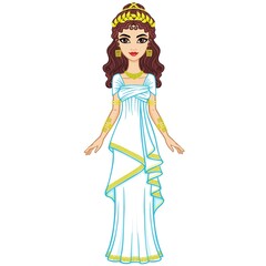 Portrait of the animation woman in  ancient Greek dress. Vector illustration isolated on a white background. 