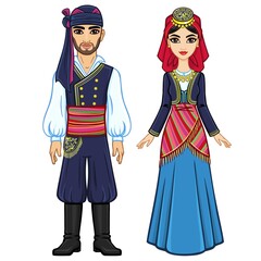 Animation portrait of a family in ancient Greek clothes. Full growth. The vector illustration isolated on a white background.