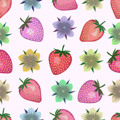Seamless pattern of fresh juicy strawberry fruits with tropical flowers vector illustration.