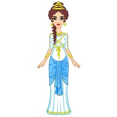 Portrait of the animation woman in  ancient Greek dress. Full growth. Vector illustration isolated on a white background. 