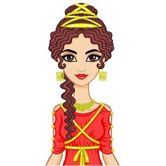 Portrait of the animation woman in  ancient  dress. Stylization Ancient Greece, Ancient Rome.  Vector illustration isolated on a white background. 