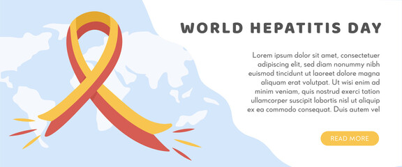 Concept of hepatitis A, B, C, D, cirrhosis, world hepatitis day. Web Horizontal Banner Template with world map, virus and colored red and yellow ribbon. Medical poster for Viral Hepatitis. Vector. 