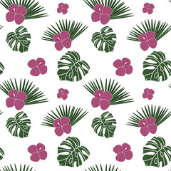 Tropische naadloze patroon met roze bloemen, met exotische palmbladeren, monstera en hibiscus bloemen voor stoffen, papier, textiel, cadeaupapier geïsoleerd op witte achtergrond