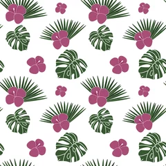 Keuken foto achterwand Tropische planten Tropische naadloze patroon met roze bloemen, met exotische palmbladeren, monstera en hibiscus bloemen voor stoffen, papier, textiel, cadeaupapier geïsoleerd op witte achtergrond