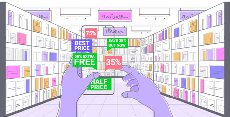 human hands choosing discount coupons on smartphone screen in mobile app online shopping concept