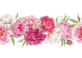 Beautiful seamless floral horizontal pattern with hand drawn watercolor gentle pink peony flowers. Stock illuistration. - obrazy, fototapety, plakaty