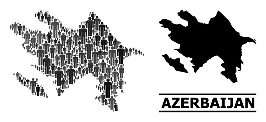 Obraz premium Map of Azerbaijan for social promotion. Vector nation mosaic. Mosaic map of Azerbaijan designed of population icons. Demographic scheme in dark gray color variations.