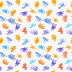 Abstract floral watercolor repeating pattern with transparent layered flowers isolated on white background