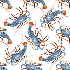 Beautiful vector seamless sea life pattern with watercolor hand drawn rainbow lobster. Stock illustration.
