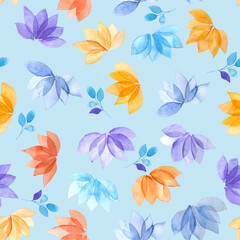 Abstract hand-drawn floral seamless pattern of transparent yellow, orange, red, blue, purple   flowers and blue twigs isolated on blue background