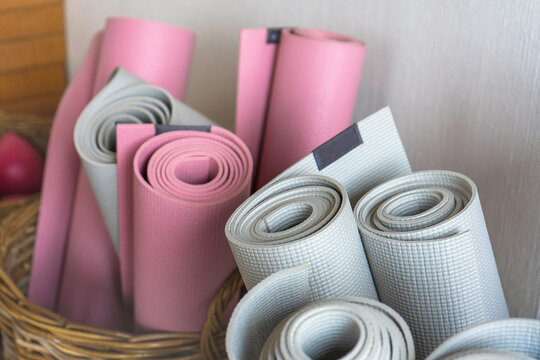 Yoga mats in yoga studio before class