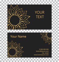 Vector template isolated business card. 3d volumetric convex embossed geometric abstract gold pattern on a black background. Islam, Arabic, Indian, Ottoman motives.