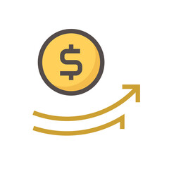 Money coin increase vector design. That icon, sign or symbol. Consist of round or circle coin, dollars currency sign and grow up arrow. Growth concept for financial, economy, stock or salary. 48x48 px