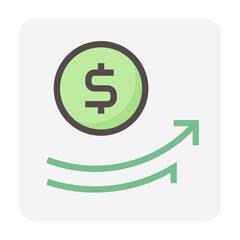 Money coin increase vector design. That icon, sign or symbol. Consist of round or circle coin, dollars currency sign and grow up arrow. Growth concept for financial, economy, stock or salary. 48x48 px