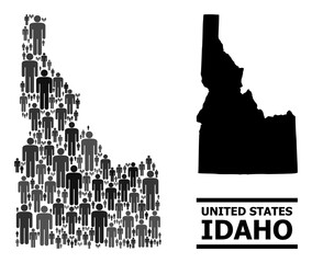 Map of Idaho State for demographics agitation. Vector nation collage. Composition map of Idaho State designed of people icons. Demographic scheme in dark grey color variations.