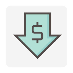 Money value decrease vector design. That icon, sign or symbol of dollar and big drop down arrow for business, economy and finance concept to reduce of profit, data, market price or income. 48x48 px.
