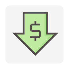 Fototapeta premium Money value decrease vector design. That icon, sign or symbol of dollar and big drop down arrow for business, economy and finance concept to reduce of profit, data, market price or income. 48x48 px. 