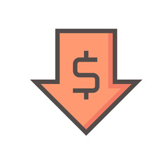 Money value decrease vector design. That icon, sign or symbol of dollar and big drop down arrow for business, economy and finance concept to reduce of profit, data, market price or income. 48x48 px.
