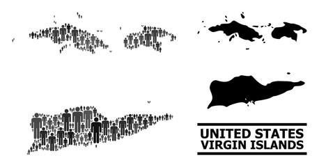 Map of American Virgin Islands for political posters. Vector nation mosaic. Concept map of American Virgin Islands combined of man pictograms. Demographic concept in dark gray color tinges.
