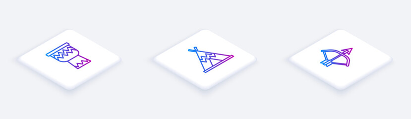 Set Isometric line Drum, Indian teepee or wigwam and Bow and arrow in quiver. White square button. Vector © Oksana
