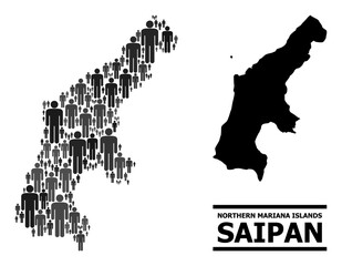 Map of Saipan Island for national promotion. Vector demographics collage. Concept map of Saipan Island created of population elements. Demographic concept in dark grey color tinges.