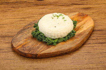 Caucasian suluguni round cheese piece