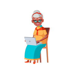 happy aged woman laughing from funny video clip on laptop cartoon vector. happy aged woman laughing from funny video clip on laptop character. isolated flat cartoon illustration