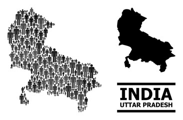 Obraz premium Map of Uttar Pradesh State for politics projects. Vector demographics mosaic. Collage map of Uttar Pradesh State made of population icons. Demographic scheme in dark grey color tinges.
