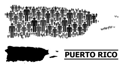 Map of Puerto Rico for demographics proclamations. Vector population collage. Concept map of Puerto Rico done of social elements. Demographic concept in dark grey color hues.