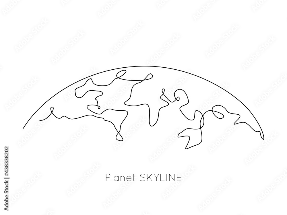 Poster planet skyline and world map in one continuous line drawing. earth globe horizon in linear style. mi