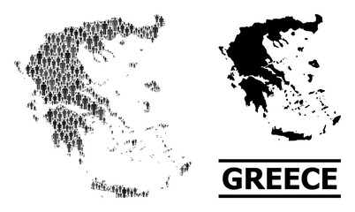 Map of Greece for demographics doctrines. Vector demographics mosaic. Composition map of Greece composed of crowd items. Demographic scheme in dark gray color hues.